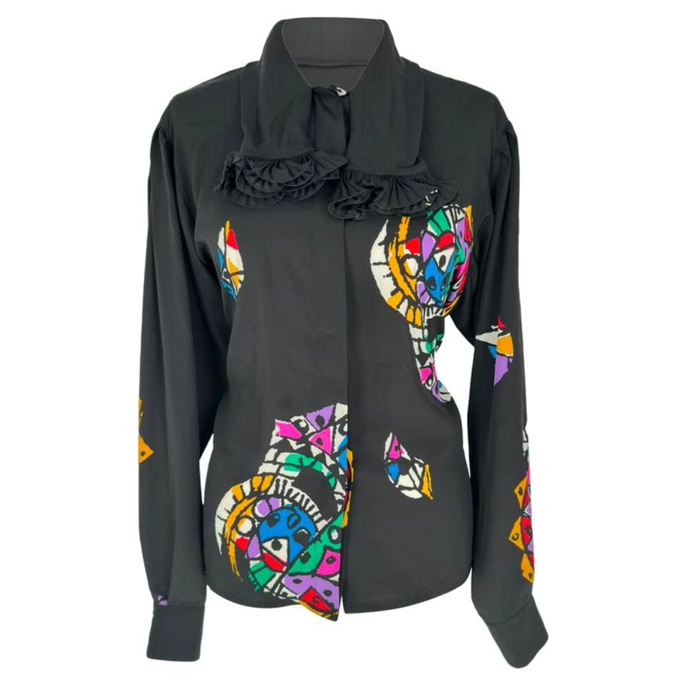 Louis Féraud Printed Long Sleeve Blouse in Black Silk